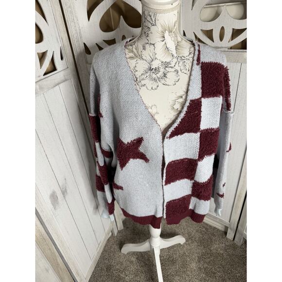 Pol Star Checkered Colorblock Grey Maroon Open Knit Cardigan Size Small - Picture 2 of 7